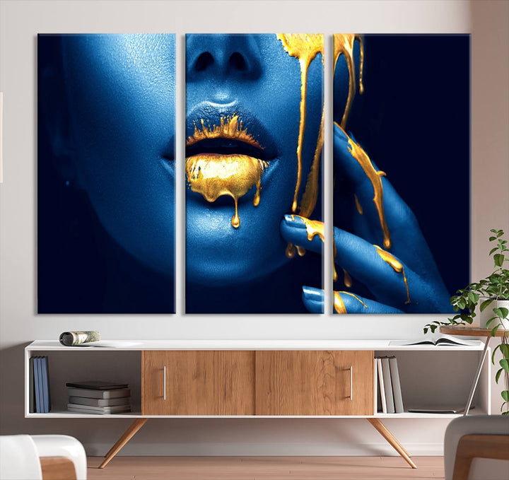 Neón Azul Oro Labios Sensual Fotografía Lienzo Pared Arte Impresión Moda Arte Belleza