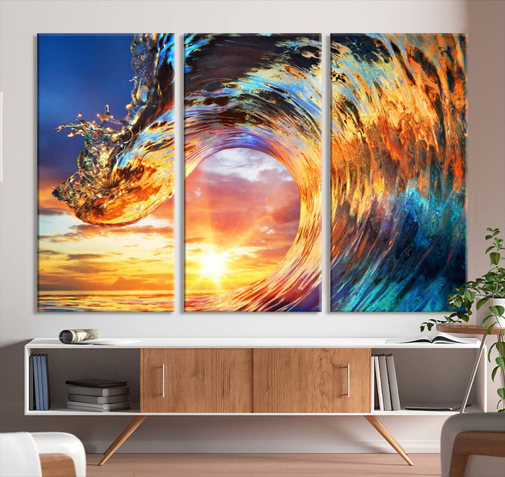 Lienzo decorativo para pared, diseño de olas, rizos, puesta de sol y océano