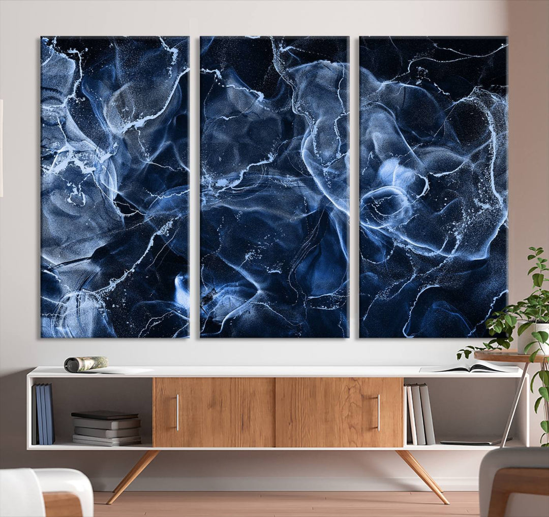 Arte de pared grande con efecto ahumado de mármol azul, lienzo abstracto moderno, impresión artística de pared