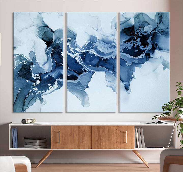 Arte de pared grande con efecto fluido de mármol azul hielo, lienzo abstracto moderno, impresión artística de pared