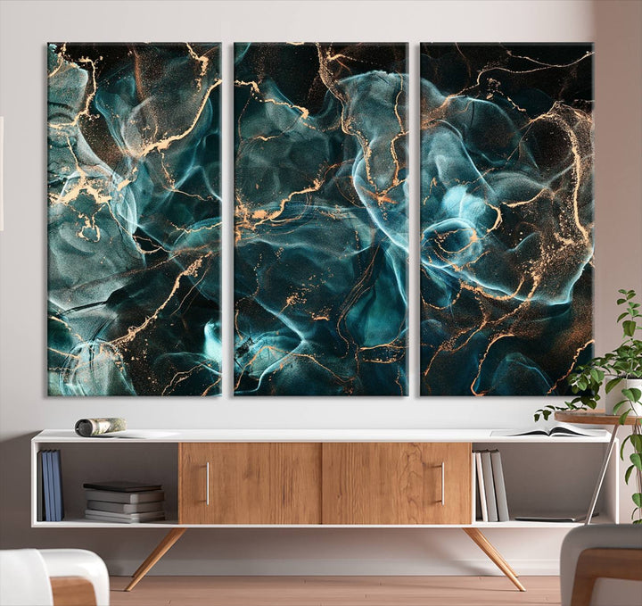 Neon Blue Marble Smokey Effect Wall Art Abstract Canvas Wall Art Print