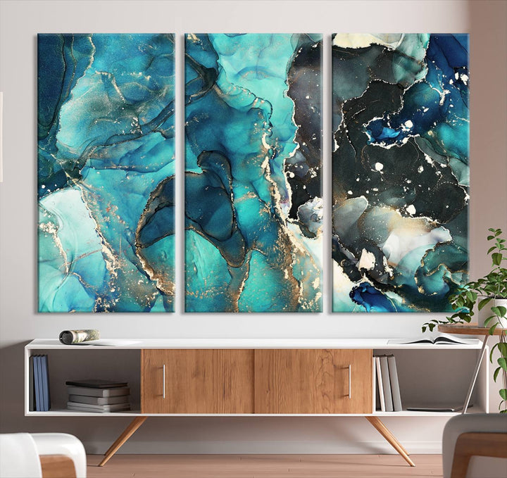 Stylish Teal Color Gold Abstract Canvas Wall Art Print