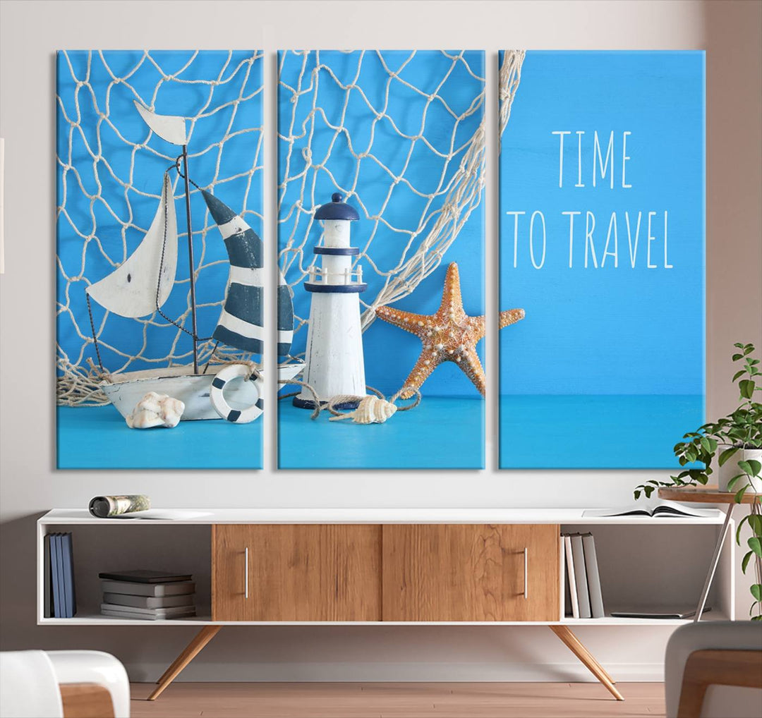 Sailing Boat Starfish and Lighthouse Wall Art Canvas Print