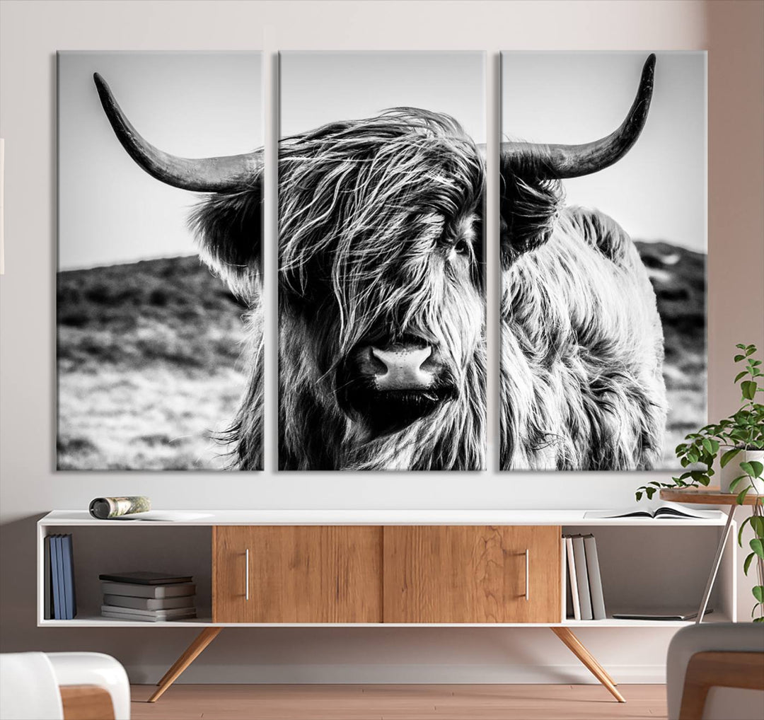 Highland Cow Wall Art | 3-Panel Black and White Highland Cow Canvas Print for Western Farmhouse Decor | Large Framed Giclee Canvas for Living Room