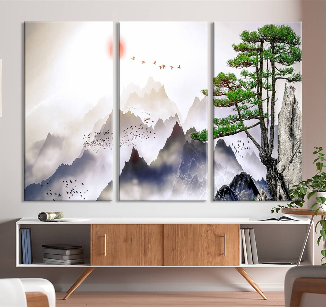 Japanese Tree Mountain Wall Art Canvas Print