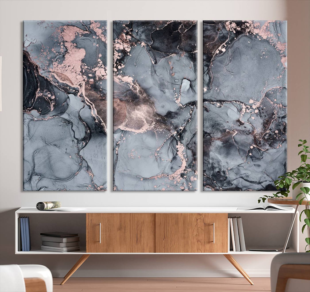 Impresión de arte de pared grande con efecto fluido de mármol gris y oro rosa, lienzo abstracto moderno