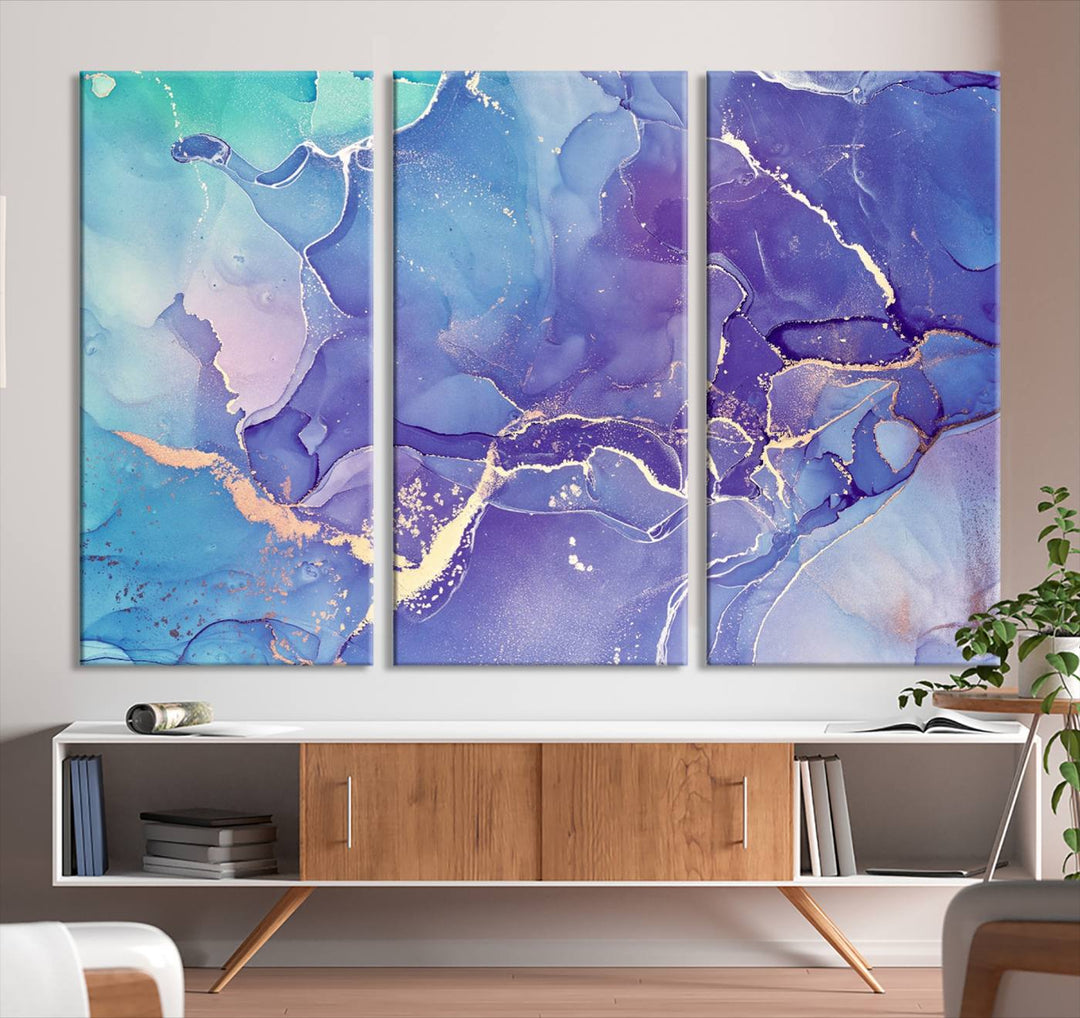 Arte de pared grande con efecto fluido de mármol azul y morado, lienzo abstracto moderno, impresión artística de pared