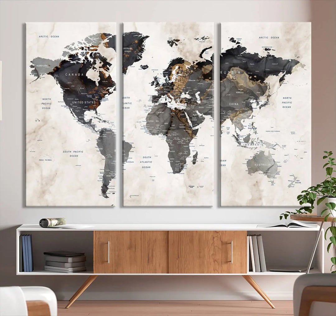 The dining room wall is adorned with the World Map Canvas Print – Earthy Triptych Wall Art, a vintage global map decor featuring dark continents.