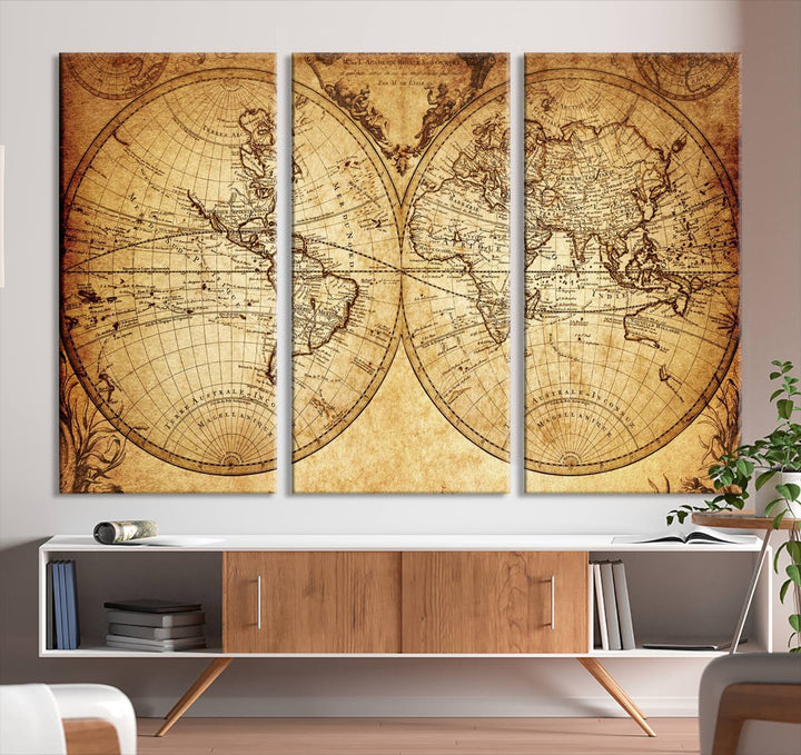 Vintage World Map Wall Art | 3-Panel Canvas Print for Living Room, Office, or Study | Giclee Canvas with Antique Design