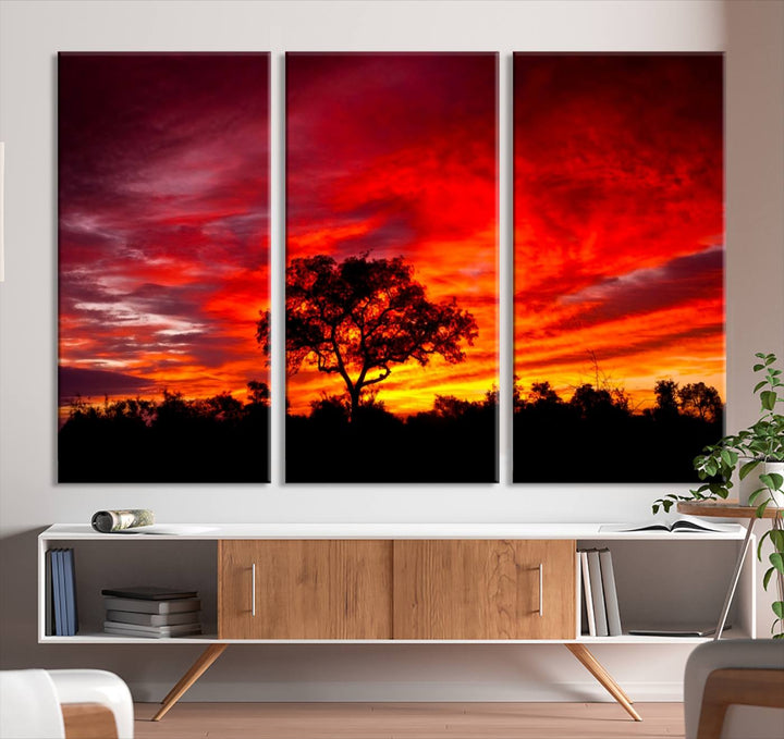 Red Sunset Landscape Artwork Printing, Forest Tree Wall Art Canvas Print