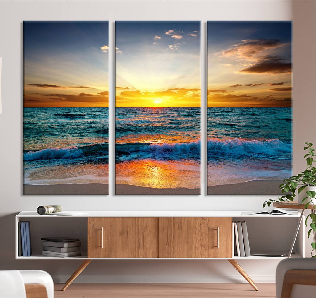 Vibrant Ocean Sunrise Over Golden Beach Waves, Giclee Canvas Wall Art Set, High-Quality Stretched Canvas Print, Ready to Hang Coastal Sunset Wall