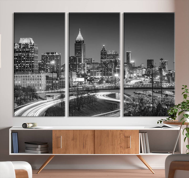 Skyline de luces de la ciudad de Atlanta Arte de pared en blanco y negro Paisaje urbano Lienzo