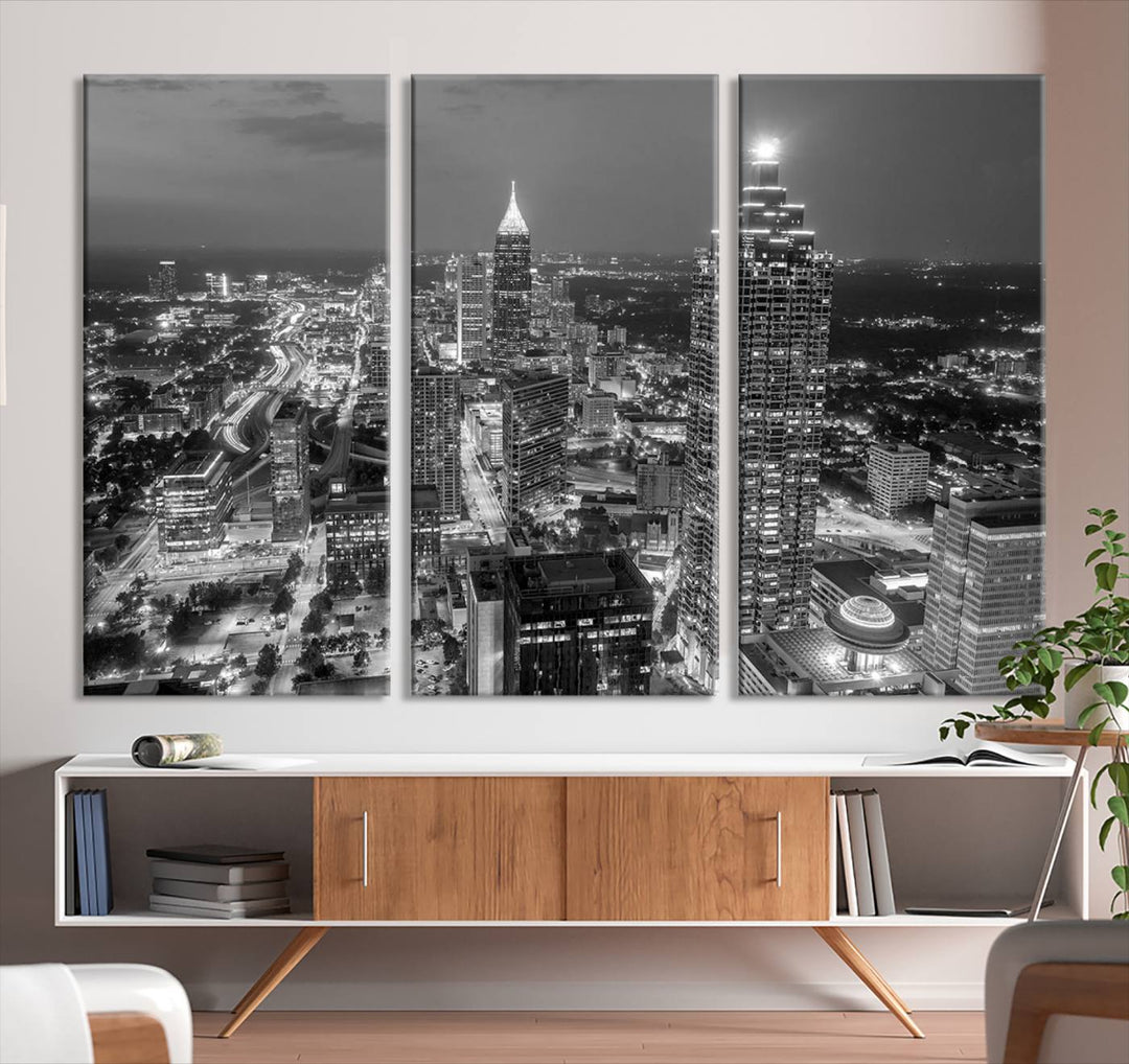 Atlanta City Skyline Art mural noir et blanc Paysage urbain Impression sur toile