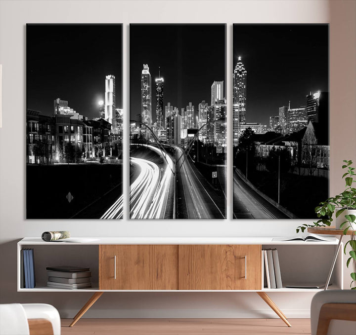 Atlanta City Lights Skyline Art mural noir et blanc Paysage urbain Impression sur toile