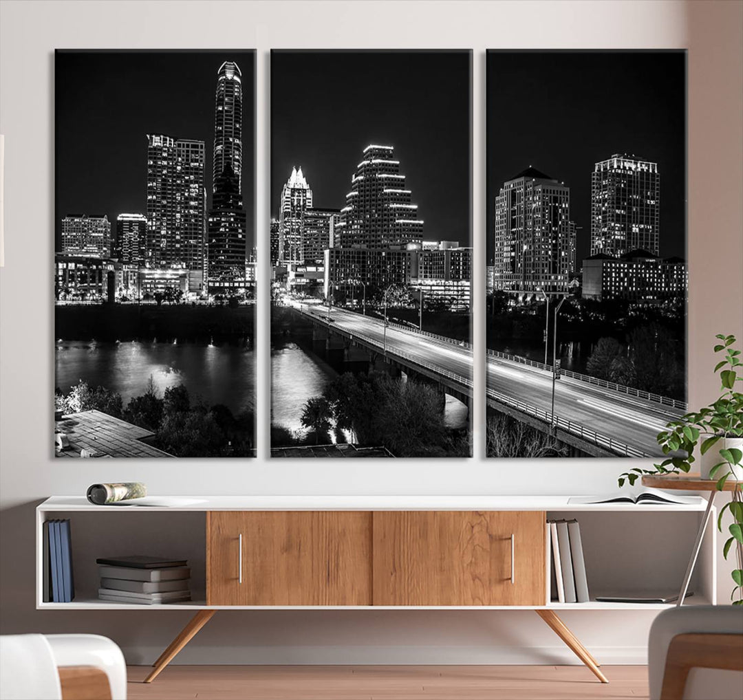 Austin City Lights Skyline Black and White Wall Art Canvas Print