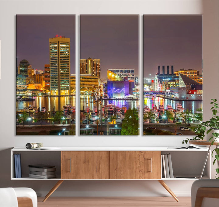 The Baltimore City Lights Night Skyline Cityscape View Wall Art Canvas Print is elegantly displayed on museum-quality canvas.