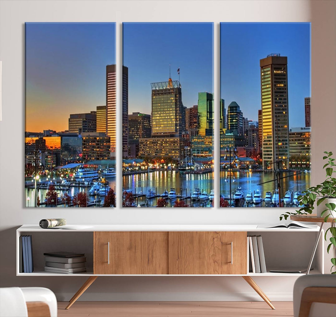 Baltimore City Lights Coucher de soleil bleu et orange Skyline Cityscape View Wall Art Impression sur toile