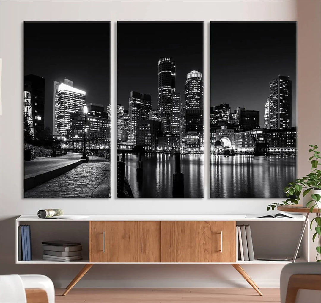 The living room showcases the Boston City Lights Skyline Black and White Wall Art Canvas Print.