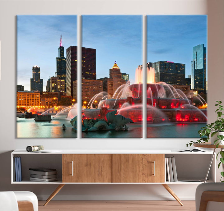 Impresión en lienzo de arte de pared grande con vista del paisaje urbano del horizonte nocturno de las luces de la ciudad de Chicago