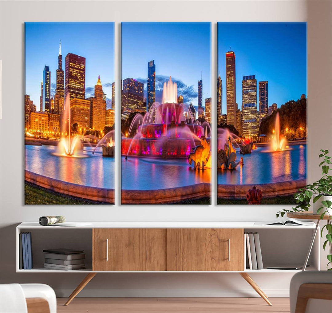 Chicago City Colorful Lights Night Skyline Cityscape View Wall Art Canvas Print