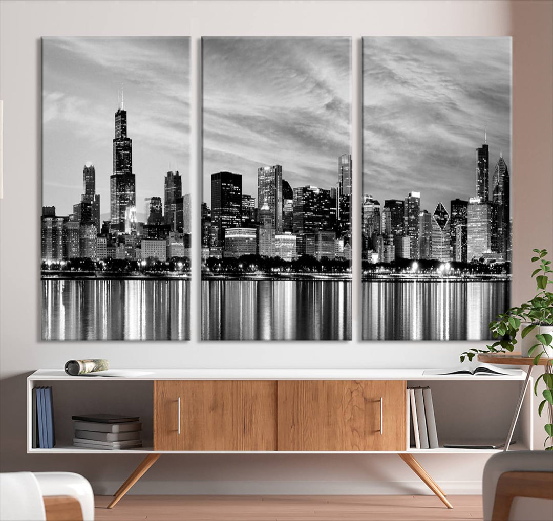 Chicago City Cloudy Skyline Black and White Wall Art Cityscape Canvas Print