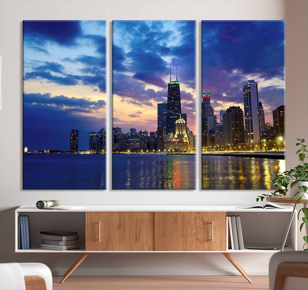 Chicago City Lights Nuit Nuageux Bleu Skyline Cityscape View Wall Art Impression sur toile