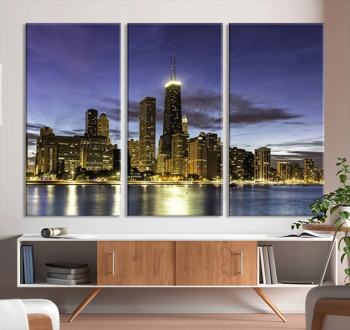 Chicago Night Skyline Cityscape Canvas Picture Print is a stunning three-panel wall art piece, perfect for adding sophistication to any setting. Crafted by professional artisans, this artwork features museum-quality canvases designed to enhance your space. Enjoy free shipping with your purchase.