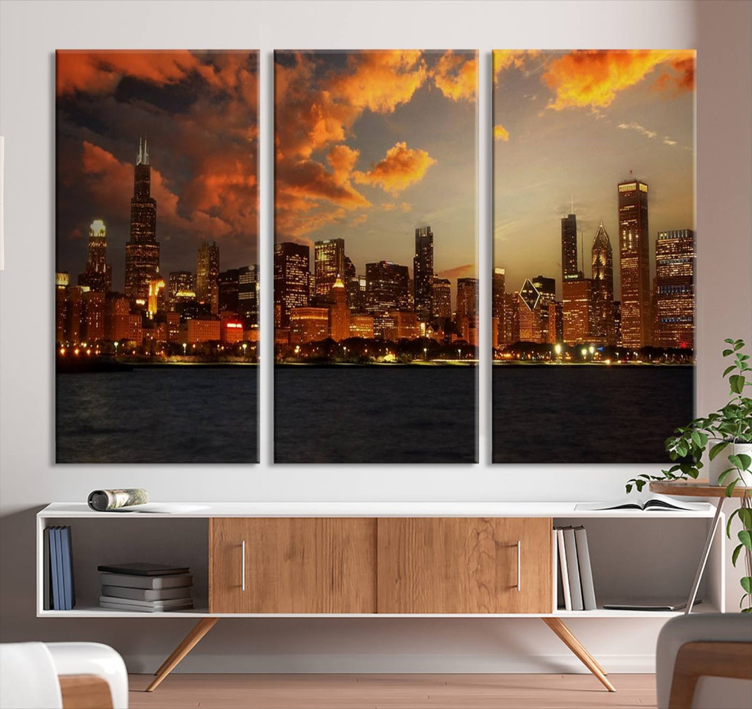 Chicago City Lights Coucher de soleil Orange Nuageux Skyline Paysage urbain Vue Art mural Impression sur toile