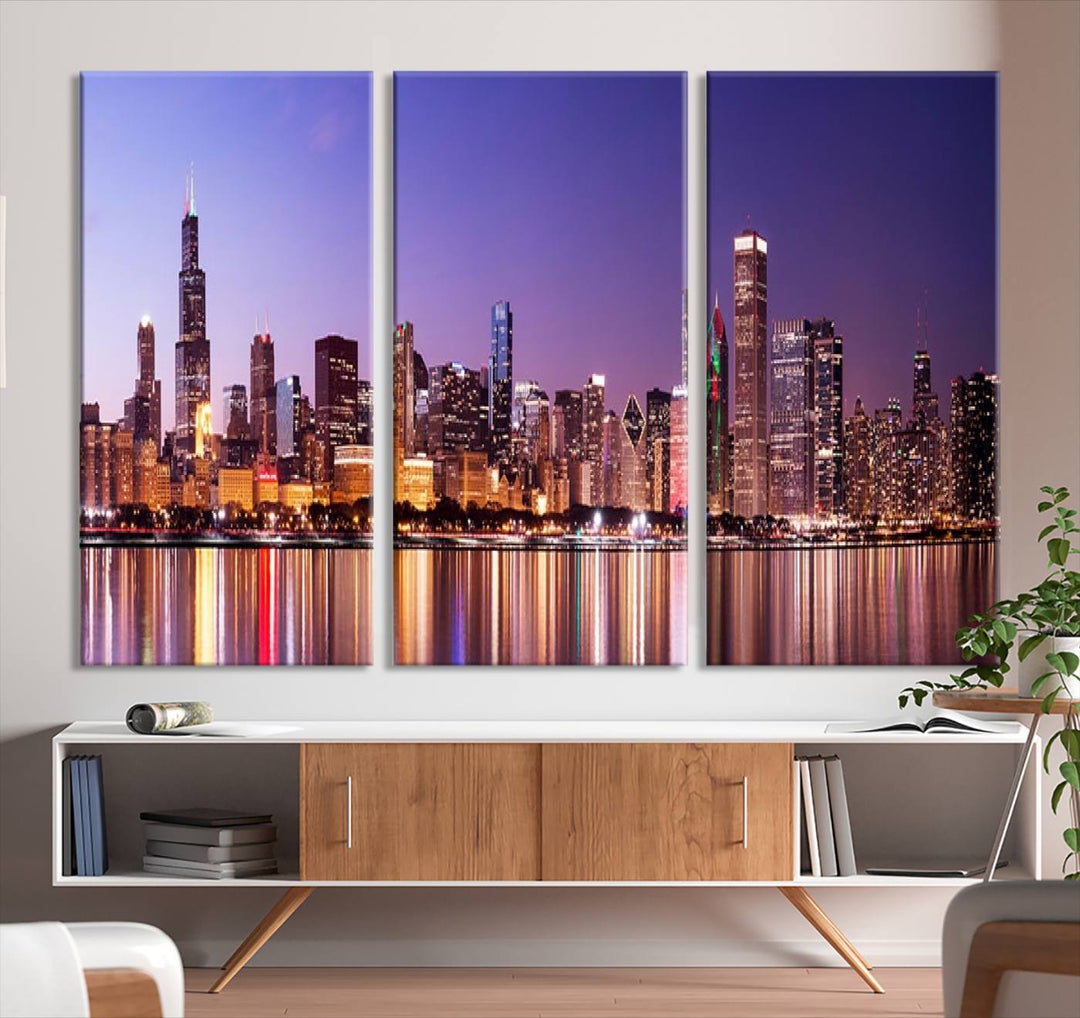 Chicago City Lights Night Purple Skyline Cityscape View Wall Art Impression sur toile