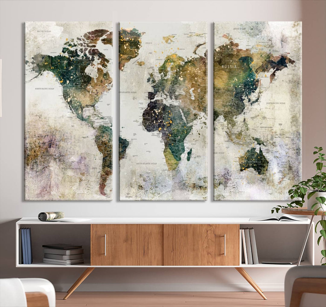 Impresión de arte de pared de mapa del mundo grande - Mapa en lienzo Galería Juego de pared de 3 paneles Regalo para mapa de viajero