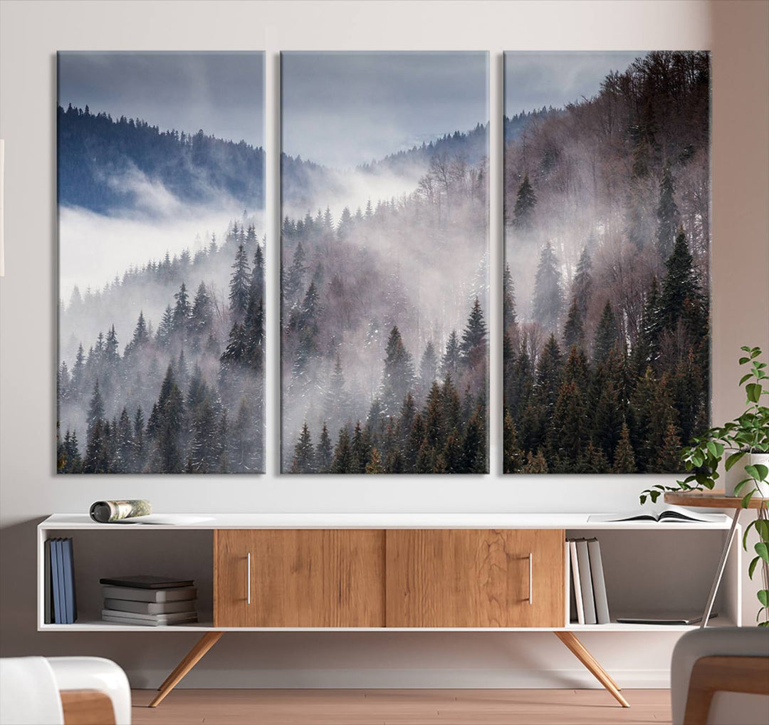 The "Beautiful Rising Fog in Winter Mountain Landscape" wall art is presented on museum-quality canvas, adding a striking visual element to the living room.