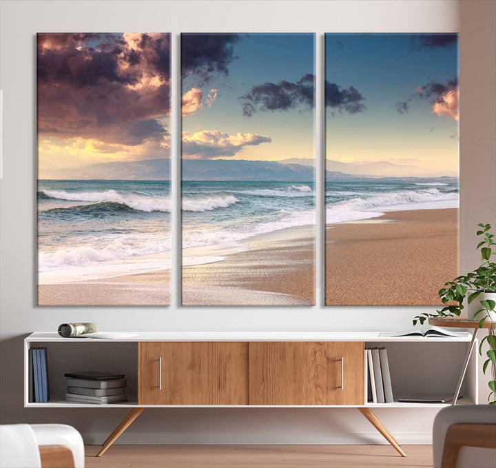 Arte de la pared del amanecer del atardecer de la playa del clima nublado Lienzo