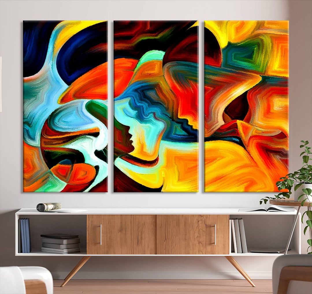 The "Human Love Figures Abstract Wall Art Canvas Print" adds a stylish touch to the dining area, featuring vibrant three-panel artwork on museum-quality canvases with UV-protective coating.