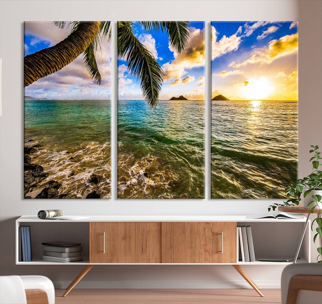 The Sunset Lake View Wall Art Canvas Print, gallery wrapped on a museum-quality canvas, enhances the vibrant living room decor with its UV-protective coating.