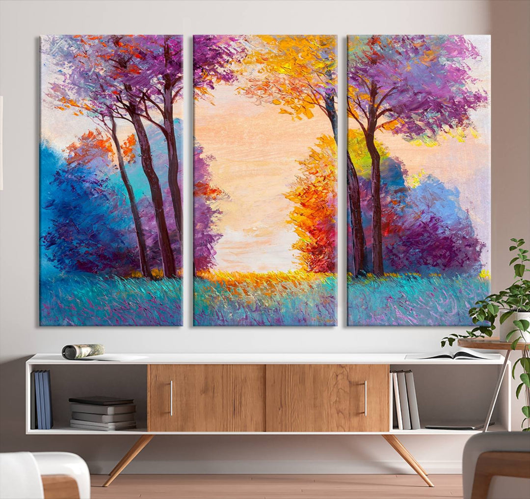 Oil Paint Effect Trees Wall Art Canvas Print features a UV-protective coating for lasting vibrancy.