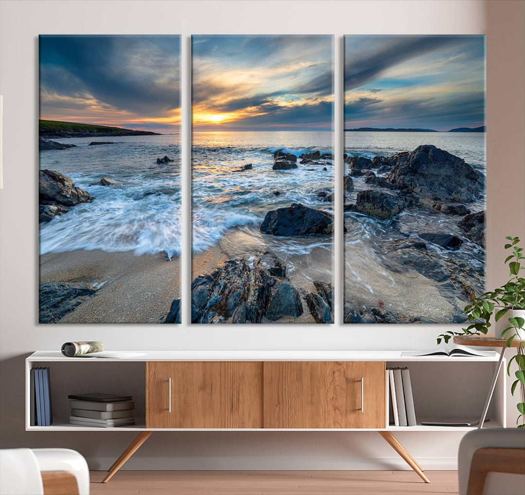 The "Beautiful Stormy Sunset at Bagh Steinigidh Beach Stones" triptych ocean-themed wall art is displayed on museum-quality canvas and features a UV-protective coating.