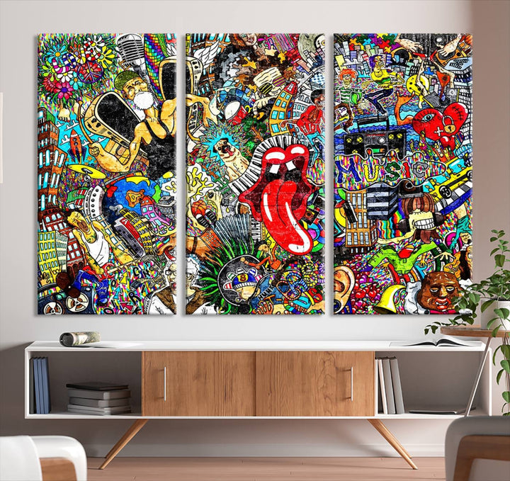 The Crazy Colors Music Vibes Wall Art Canvas Print showcases vibrant multi-panel abstract designs with colorful details on museum-quality canvas and is protected by a UV-coating.