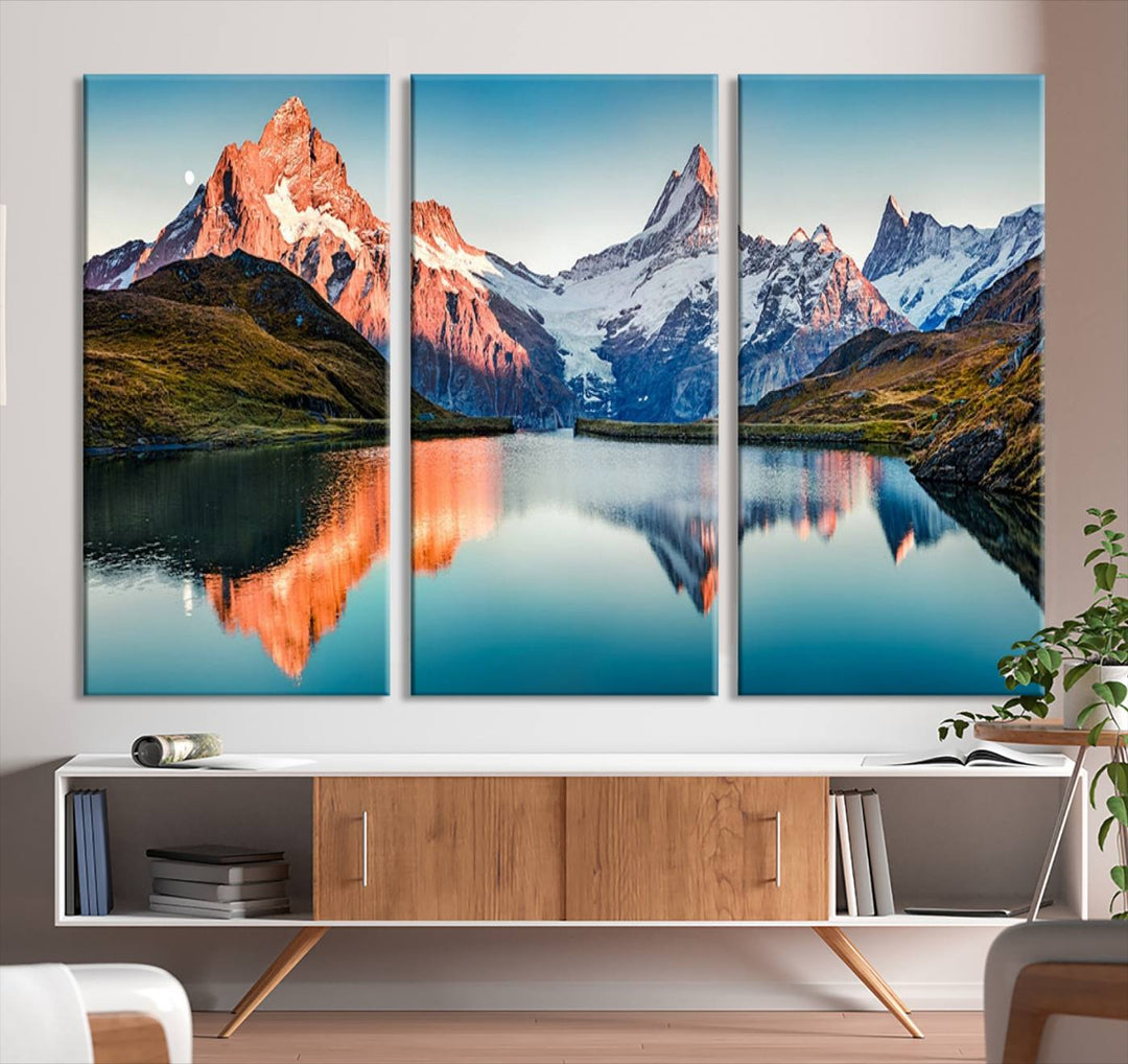 The living room features the Landscape Mountain and Lake View Wall Art Canvas Print. This triptych is expertly handmade in the USA on museum-quality canvas and includes a UV-protective coating to ensure lasting beauty.