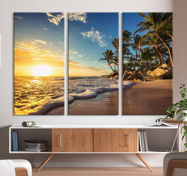 The wall features a Sunset Ocean View Beach Canvas Print, showcasing museum-quality craftsmanship by professional artisans.