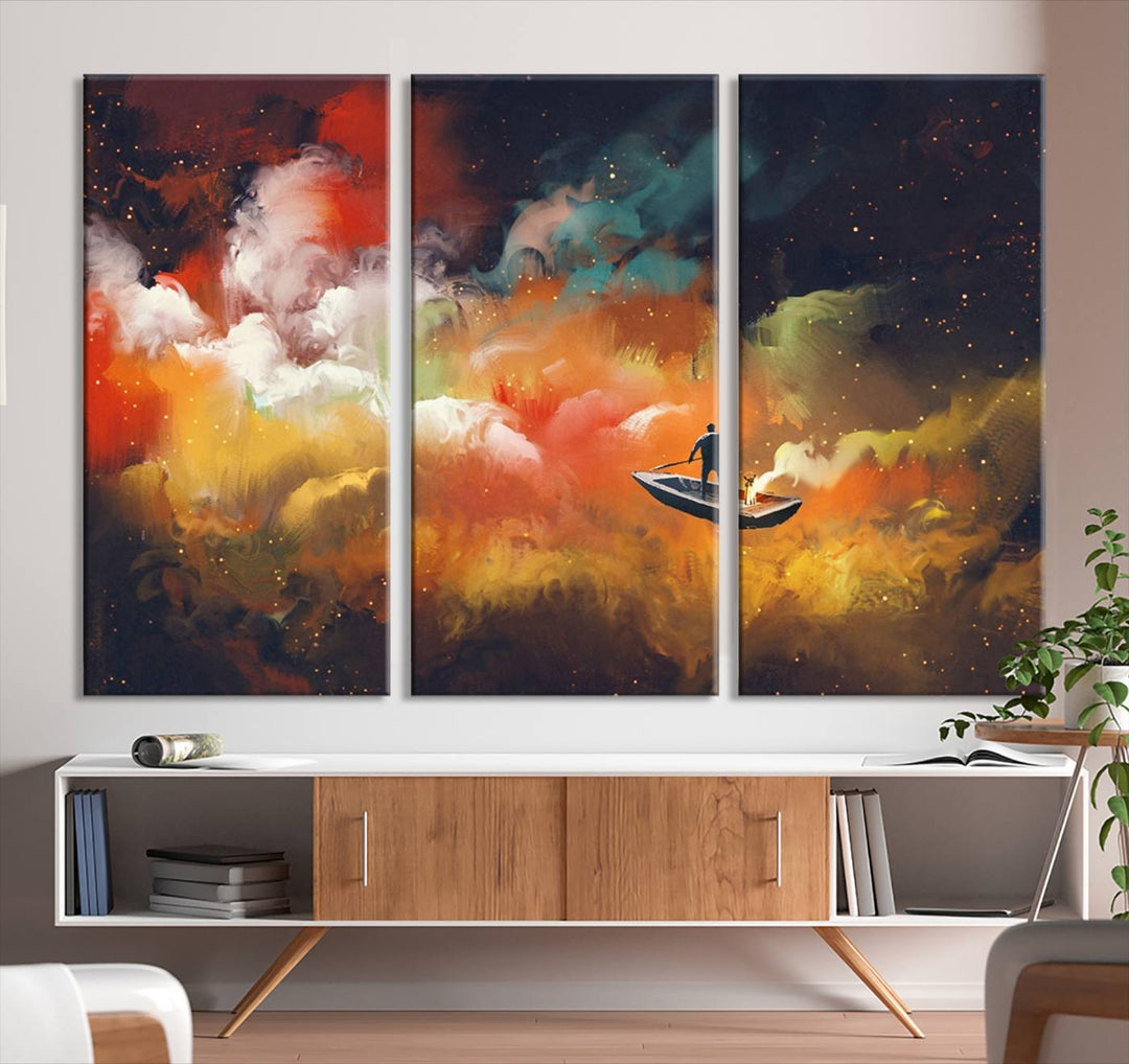 The "Surreal Space Adventure Canvas Wall Art" is a dreamlike abstract galaxy print with an astronaut among clouds, inviting you on a space adventure. This stunning piece comes framed and ready to hang, making it perfect for enhancing living room or bedroom decor.