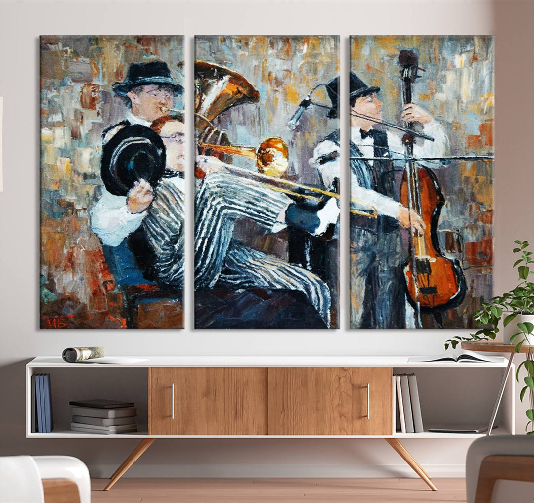 The Good Old Days Musicians Wall Art Canvas Print graces the wall, merging art with elegance. This museum-quality canvas comes with a UV-protective coating and is ready to hang.