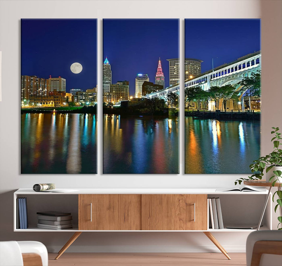 Cleveland City Lights Night Skyline, a stunning triptych wall art cityscape canvas print with museum-quality UV-protective coating, is beautifully showcased.