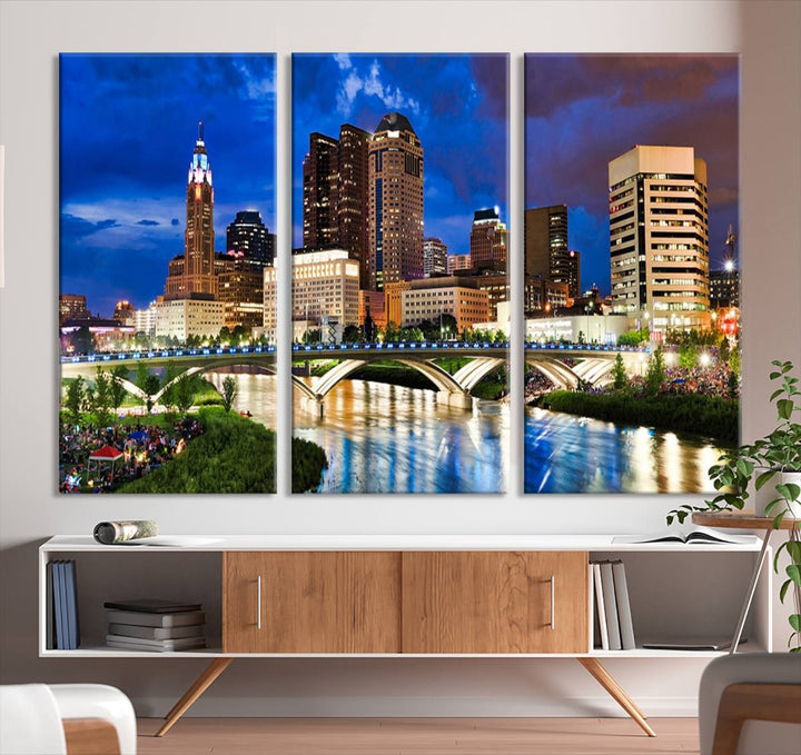 The Columbus City Lights Night Bright Blue Cloudy Skyline Cityscape View Wall Art Canvas Print, crafted on museum-quality canvas and finished with a UV-protective coating, adorns the wall.