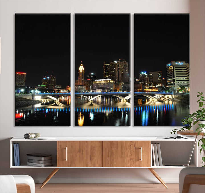 The "Columbus City Lights Night Skyline Cityscape View Wall Art Canvas Print" elegantly decorates the area, presented on museum-quality canvases that feature UV-protective coating to maintain their vibrant appearance.