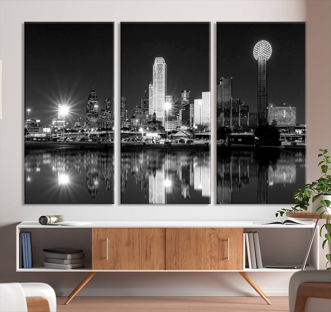 The living room showcases the Dallas City Lights Skyline Black and White Wall Art Cityscape Canvas Print. This museum-quality artwork is ready to hang and features a UV-protective coating to maintain its vibrant colors.