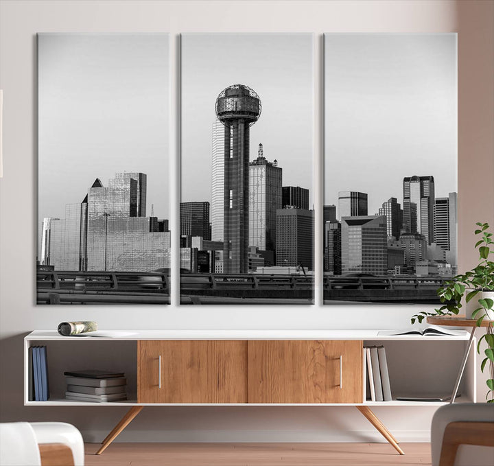 The Dallas City Lights Skyline Black and White Wall Art is elegantly displayed on museum-quality canvas.