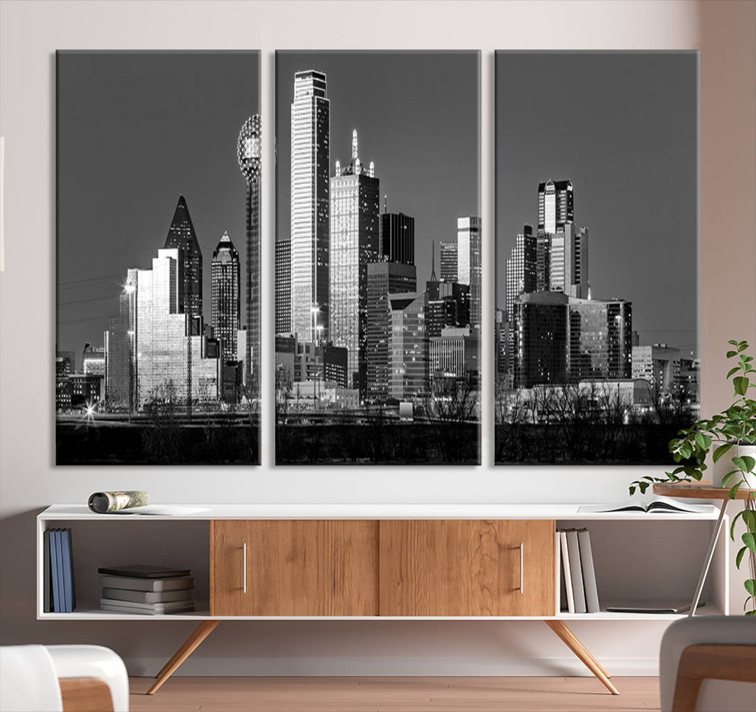 The Dallas City Skyline Black and White Wall Art Cityscape Canvas Print features a gallery-wrapped, museum-quality finish.