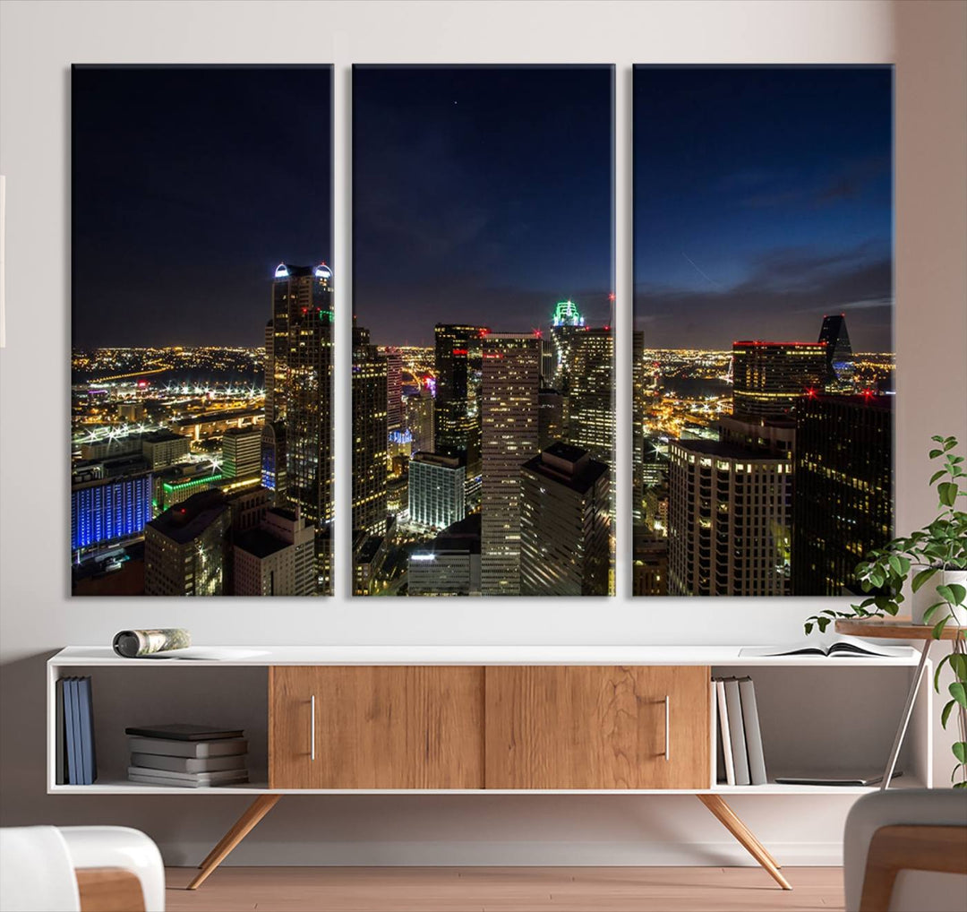 A living room showcasing a Dallas City Lights Night Skyline Cityscape View Wall Art Canvas Print, a three-panel artwork on museum-quality canvas with vibrant colors and durability.