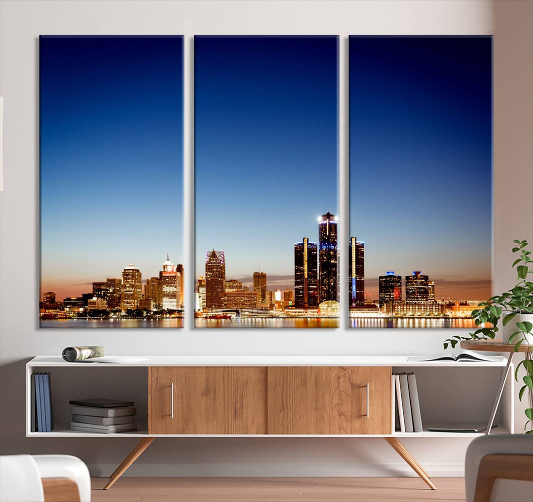 The Detroit City Lights Sunrise Skyline Cityscape View Wall Art Canvas Print adorns the modern living room. Crafted on museum-quality canvas with a UV-protective coating, this piece is ready to hang and elegantly elevates your décor.