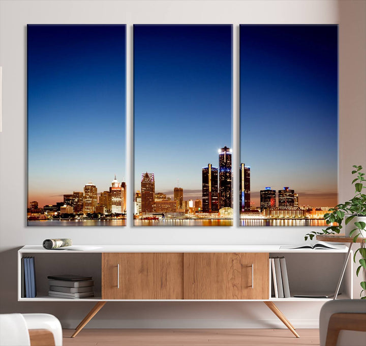 The Detroit City Lights Sunrise Skyline Cityscape View Wall Art Canvas Print adorns the modern living room. Crafted on museum-quality canvas with a UV-protective coating, this piece is ready to hang and elegantly elevates your décor.